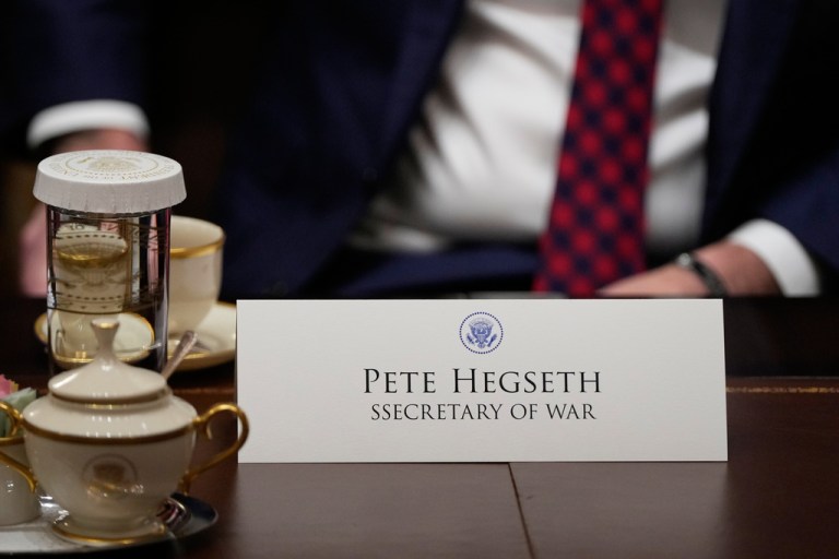 War Secretary Pete Hegseth's name card is seen misspelled during a Cabinet meeting at the White House.