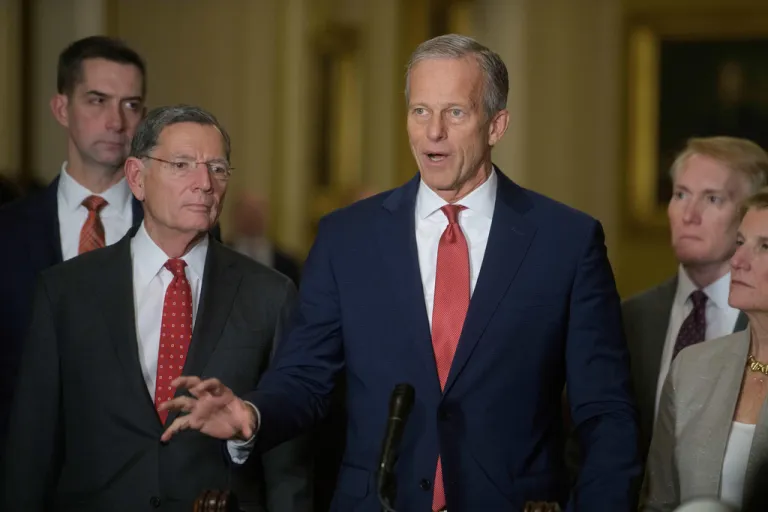 Senate Majority Leader John Thune (R-SD), Sen. Tom Cotton (R-AR), Sen. John Barrasso (R-WY), Sen. James Lankford (R-OK), and Sen. Shelley Moore Capito (R-WV) at a Senate Republican policy luncheon news conference.