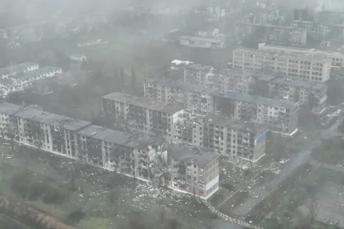 The heavily-bombed city of Myrnohrad in eastern Ukraine's Donetsk region.