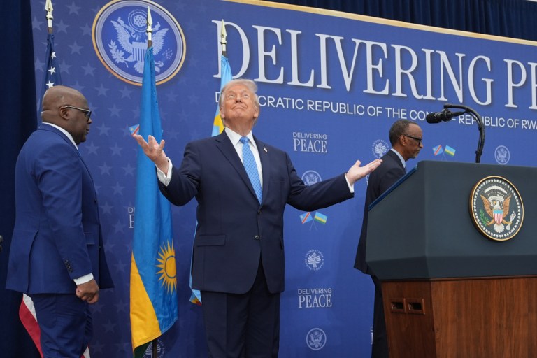 President Donald Trump arrives for a signing ceremony with Rwandan President Paul Kagame and Congolese President Felix Tshisekedi at the Donald J. Trump Institute of Peace.