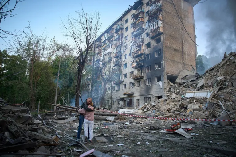 Bombed apartment building in Ukraine.