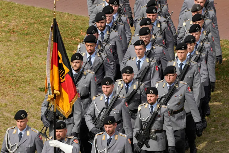 New recruits in the German military march at a ceremony