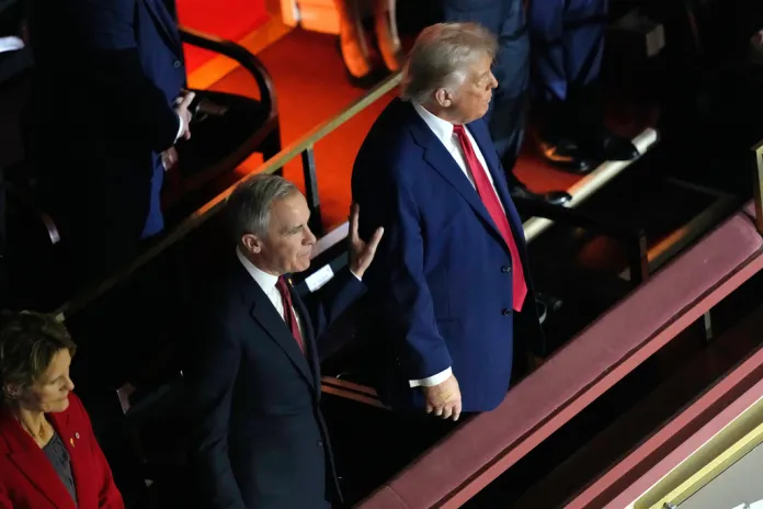 President Donald Trump and Canadian Prime Minister Mark Carney arrive to attend the draw for the 2026 World Cup.