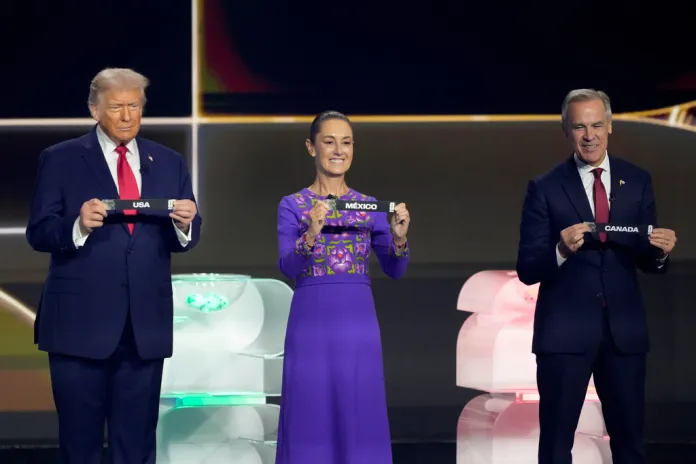 President Donald Trump, Mexican President Claudia Sheinbaum, and Canadian Prime Minister Mark Carney hold their countries' names.