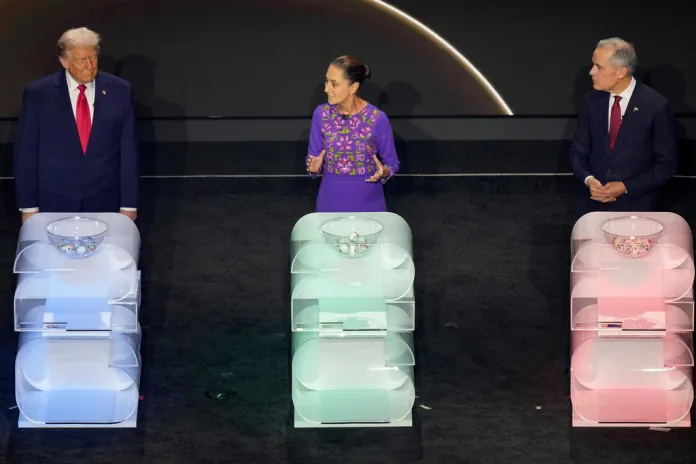 President Donald Trump, Mexican President Claudia Sheinbaum, and Canadian Prime Minister Mark Carney participate in the draw for the 2026 World Cup.