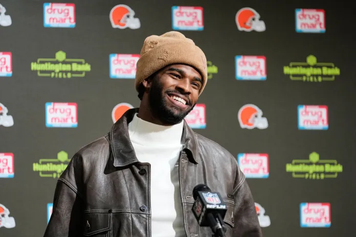 Cleveland Browns quarterback Shedeur Sanders responds to a question during a news conference.