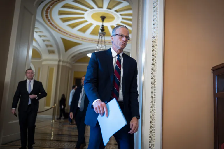 Senate Majority Leader John Thune, R-S.D., heads to a closed-door meeting with fellow Republicans, at the Capitol in Washington, Tuesday, Dec. 9, 2025