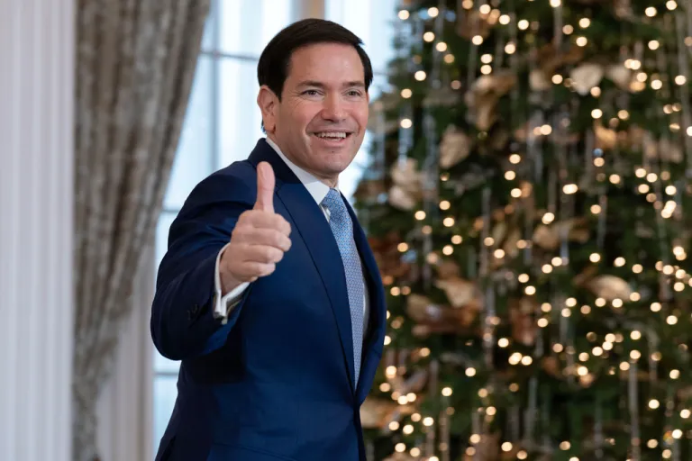 Secretary of State Marco Rubio, gives thumps up to the media as he leaves after a bilateral meeting with Paraguay's Foreign Minister Rubén Ramírez Lezcano at the State Department in Washington, Monday, Dec. 15, 2025. (AP Photo/Jose Luis Magana)
