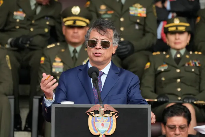Colombian President Gustavo Petro delivers a speech during a police ceremony.