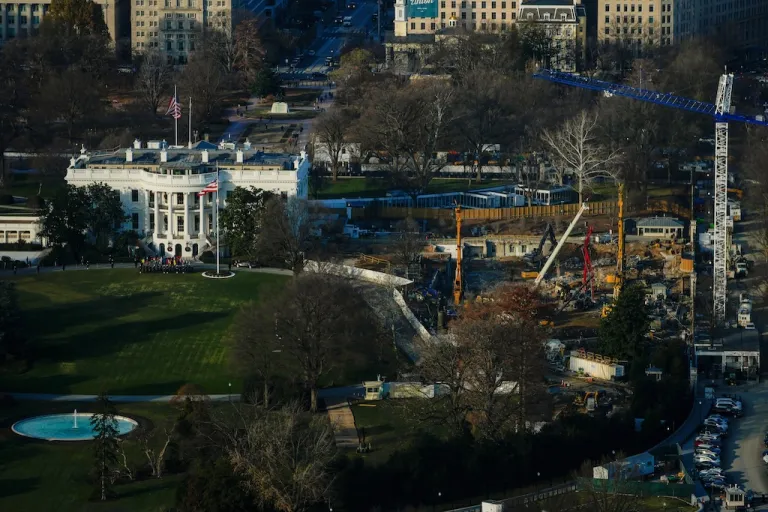 Work continues on the construction of the ballroom at the White House where the East Wing once stood, Tuesday, Dec. 16, 2025, in Washington. (AP Photo/Julia Demaree Nikhinson)