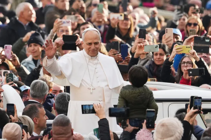 Pope Leo XIV greets Catholic faithful in St. Peter's Square.