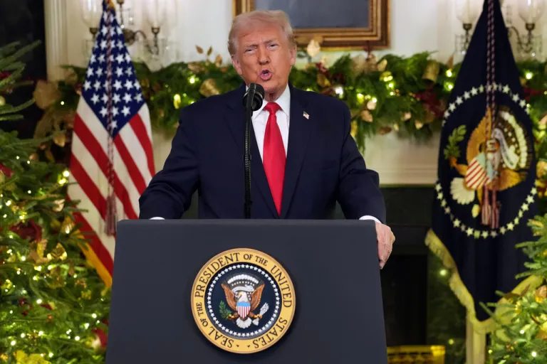 President Donald Trump speaks during an address to the nation from the Diplomatic Reception Room at the White House.