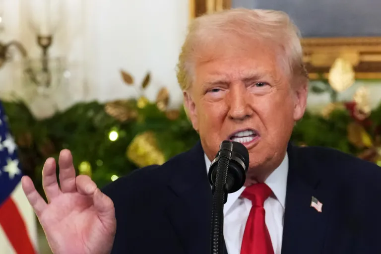 President Donald Trump speaks during an address to the nation from the Diplomatic Reception Room at the White House, Wednesday, Dec. 17, 2025, in Washington.