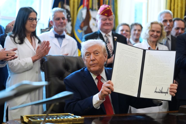 President Donald Trump unveiled Most Favored Nation drug agreements with nine new manufacturers on Friday, with senior administration officials claiming that pharmaceutical companies are now rushing to ink deals of their own with the president in exchange for relief from his tariff slate. (AP Photo/Evan Vucci)