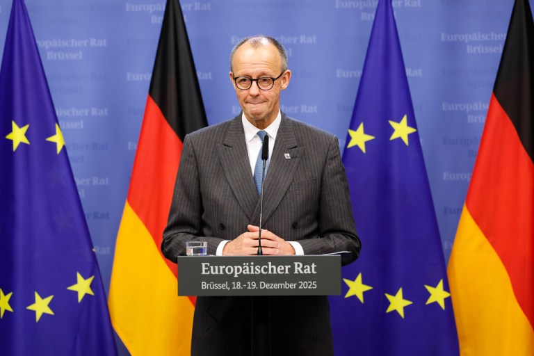 Germany's Chancellor Friedrich Merz speaks during a media conference.