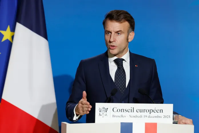 French President Emmanuel Macron speaks during a media conference at the EU Summit.