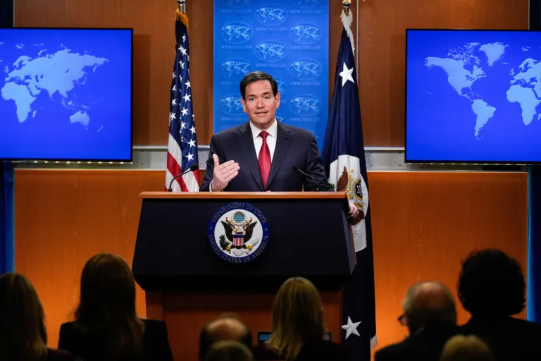 Marco Rubio speaks to reporters at the State Department.