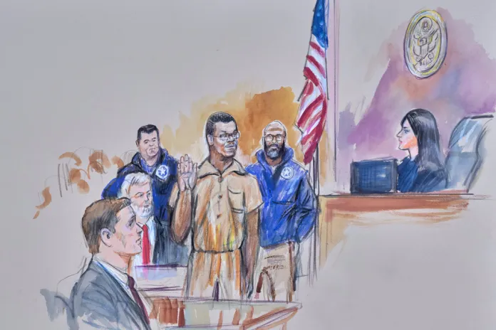 A court sketch for the first appearance of Brian Cole Jr., the defendant named as the Jan. 6 pipe bomber.