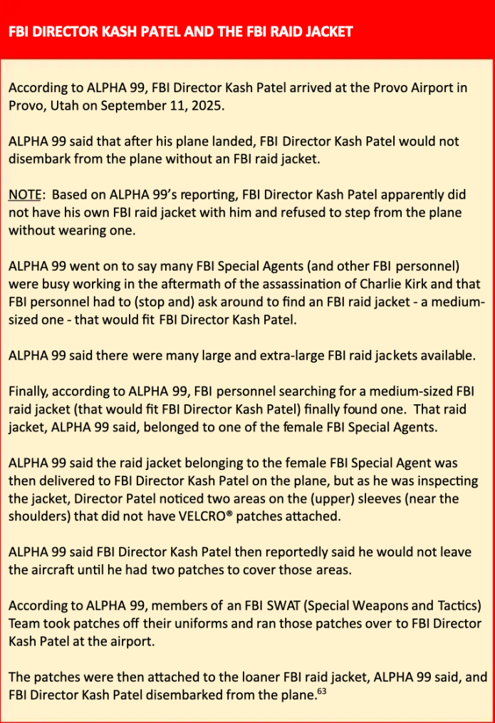 An excerpt from an anonymous FBI letter alleging that FBI Director Kash Patel refused to exit his aircraft in Provo, Utah, until agents located and modified a medium-sized FBI raid jacket that met his specifications.