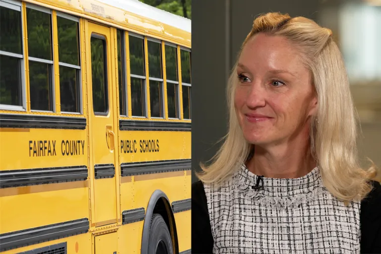 A collage of Fairfax County Public School buses at a middle school and Stephanie Lundquist-Arora.