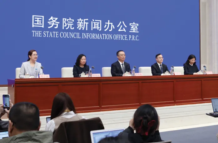 The State Council Information Office announces tweaks to China’s social credit system in Beijing, April 2, 2025. (VCG/VCG/Getty)