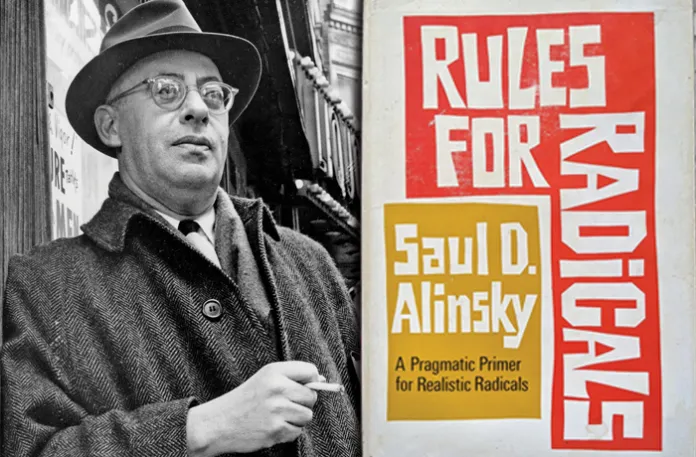 Right, Saul Alinsky in Chicago, Feb. 20, 1966; at right, his manual for Leftist Subversion. (Associated Press)