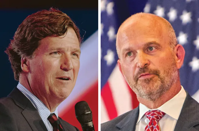 The National Task Force to Combat Antisemitism split from the Heritage Foundation after President Kevin Roberts’s, right, decision to side with podcaster Tucker Carlson after Carlson posted an interview with Nick Fuentes, in which he attacked Christian Zionists as heretics. (Left: Olivier Touron/AFP via Getty Images; right: Dominic Gwinn/Middle East Images/AFP via Getty Images)