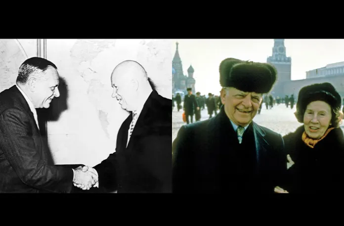 Left: American industrialist Armand Hammer shakes hands with Soviet Premier Nikita Khrushchev before a meeting in Moscow, March 14, 1961. Right: Hammer with his wife Frances in Moscow’s Red Square in 1982. (Bettman Archive/Getty Images; John Bryson / Getty Images)