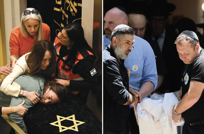 Left, relatives of Rabbi Eli Schlanger lean over his coffin during his funeral on Dec. 17; right, Family of 10-year-old victim Matilda carries her coffin following a service. (Kate Geraghty/AFP via Getty Images; Steve Markham/ap)