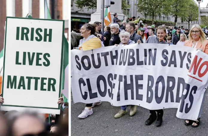 Left, an anti-immigration protest in Dublin, April 26, 2025; right, Marchers at an anti-immigration protest in Dublin, April 26, 2025. (Conor O Mearain/PA Images/Getty)