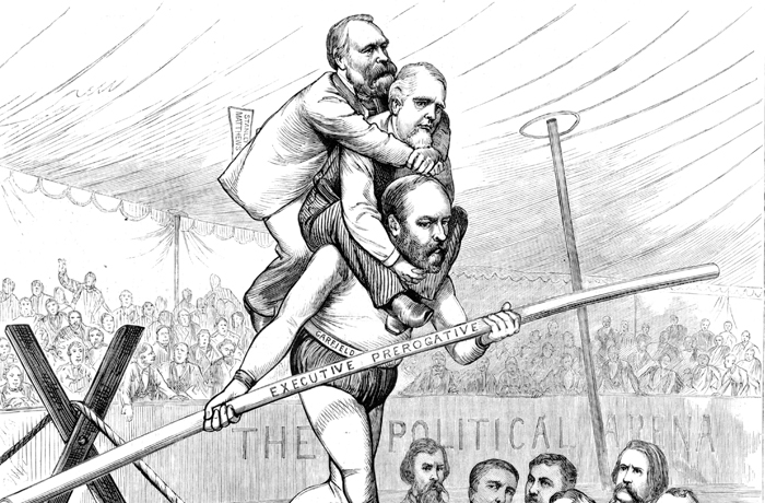 President Garfield (1831-1881) walking a tight rope 'senatorial courtesy' and holding a pole 'executive prerogative.' (Photo12/Universal Images Group/Getty Images)