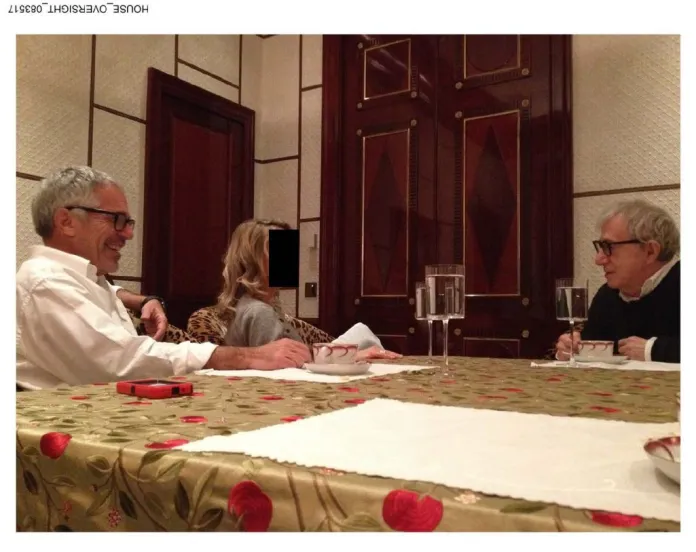 Woody Allen sits across a table from Jeffrey Epstein and an unidentified woman. (Shared by House Oversight Committee Democrats)