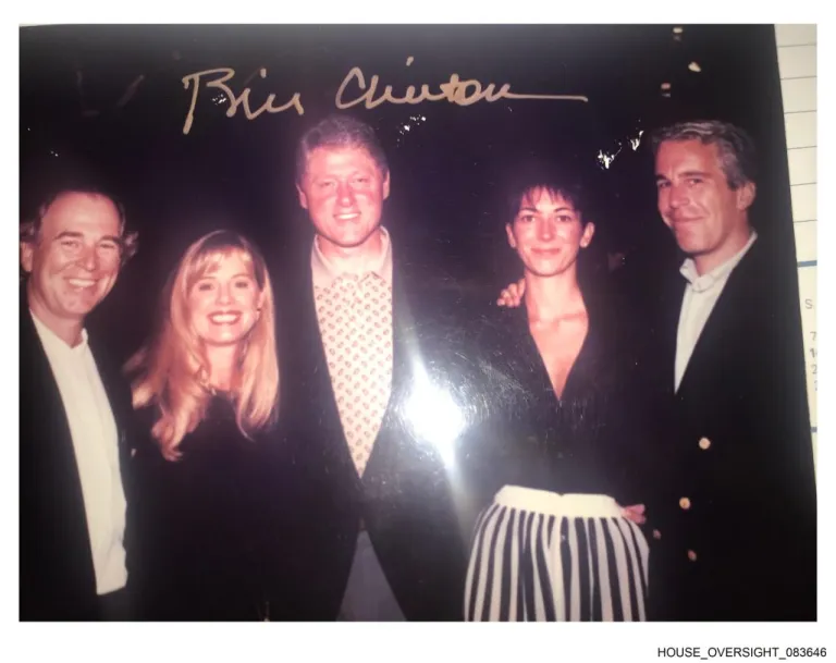 Bill Clinton stands beside Ghislaine Maxwell and Jeffrey Epstein in a group photo.