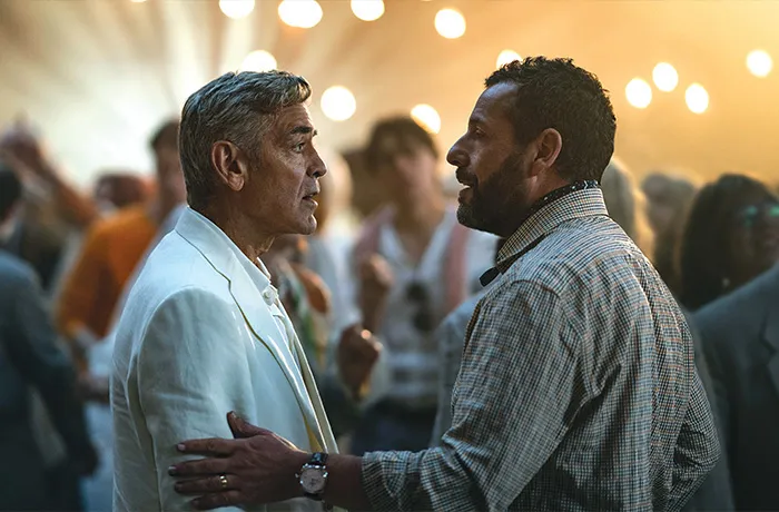 George Clooney and Adam Sandler in Jay Kelly. (Courtesy of Netflix)