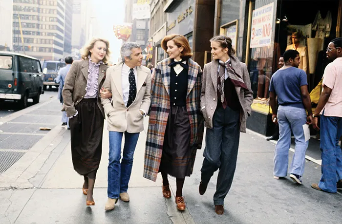 Designer Ralph Lauren and models walk on Seventh Avenue in Manhattan in 1977. (Lynn Karlin/WWD/Penske Media via Getty Images)