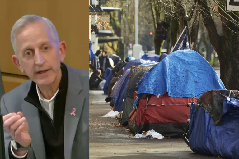 Portland Mayor Kieth Wilson and tents lining the sidewalk on SW Clay St in Portland, Oregon.