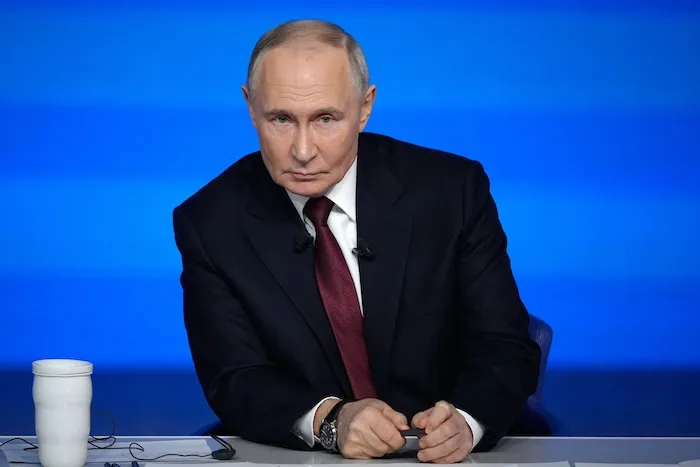 Russian President Vladimir Putin speaks during his annual news conference and call-in show.
