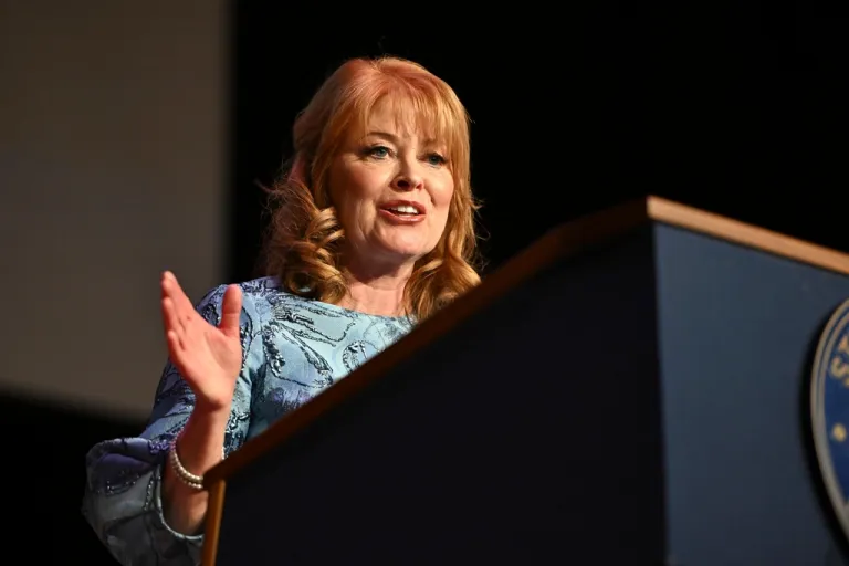 Pennsylvania Treasurer Stacy Garrity speaks to the audience after taking the oath of office for her second four-year term.