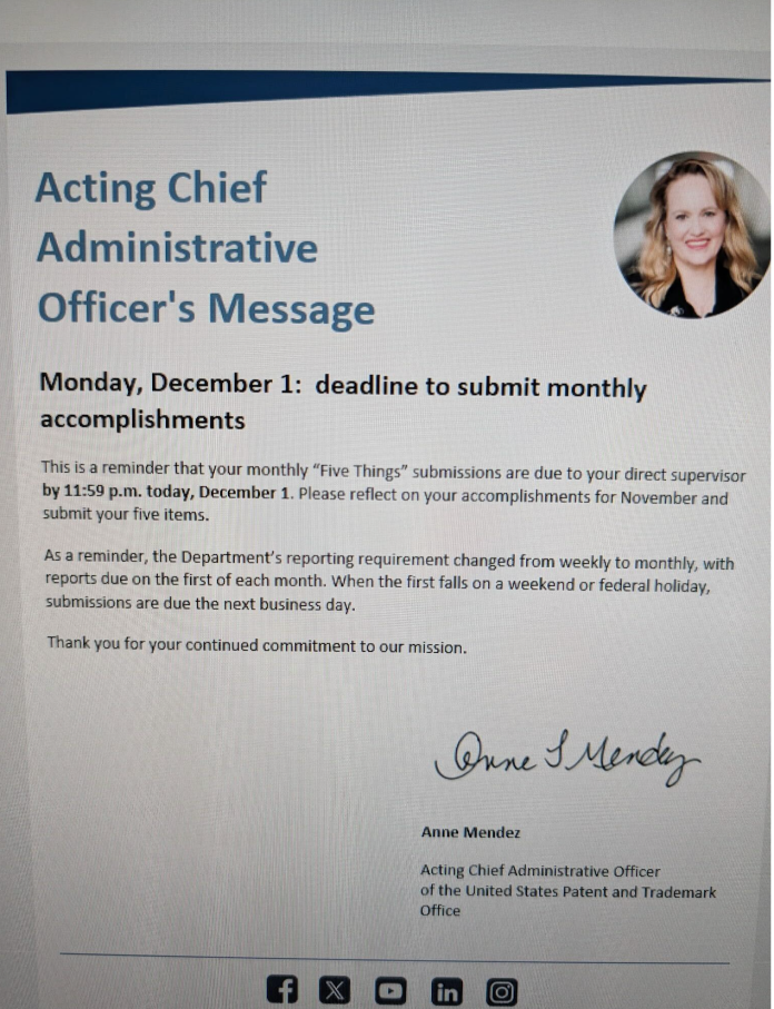 A screenshot of a USPTO message reminding employees that their monthly “Five Things” accomplishments were due Dec. 1.