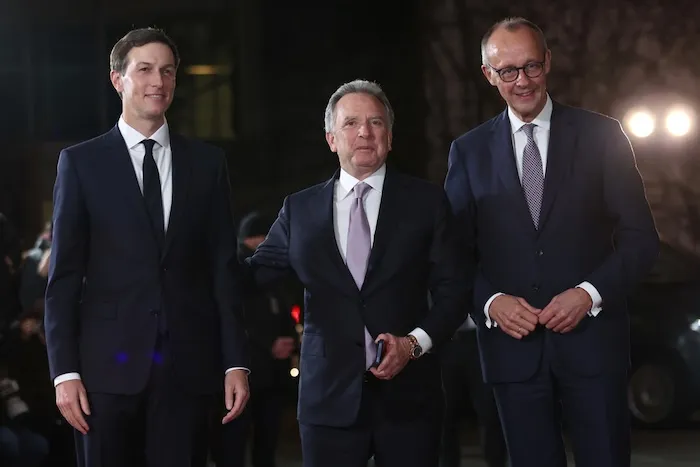 German Chancellor Friedrich Merz welcomes Steve Witkoff, special envoy of the United States, and Jared Kushner, entrepreneur and former chief adviser to President Donald Trump, to the Chancellery.