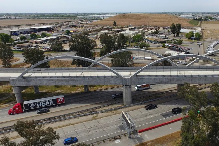 The Cedar Viaduct, designed to take high-speed trains over Cedar and North avenues and State Route 99, is shown in an aerial view, Tuesday, April 15, 2025, in Fresno, Calif.
