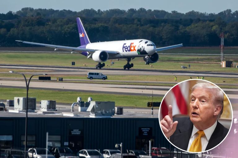 A photo collage of Donald Trump and Dulles International Airport.