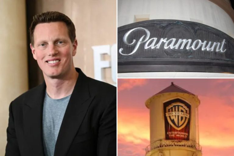 Collage of David Ellison and Paramount logo