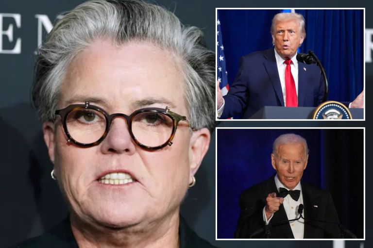 A collage of comedian Rosie O'Donnell, former President Joe Biden, and President Donald Trump.