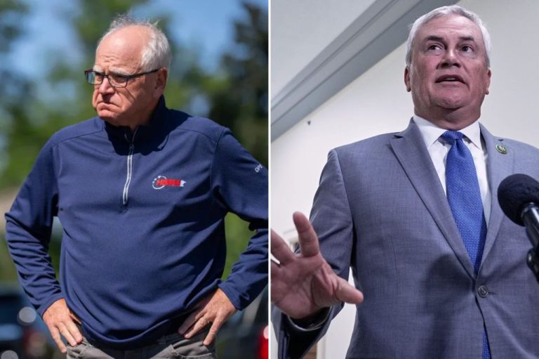 A collage of Gov. Tim Walz (D-MN) and House Oversight Chairman James Comer (R-KY).