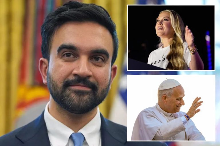 A collage of New York City Mayor-elect Zohran Mamdani, Erika Kirk, and Pope Leo XIV.