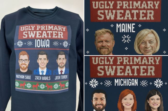 NRSC "ugly primary" sweaters panning Democratic Senate candidates in Iowa, Maine, and Michigan.