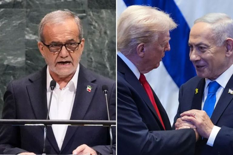 Iran president and Trump and Netanyahu.