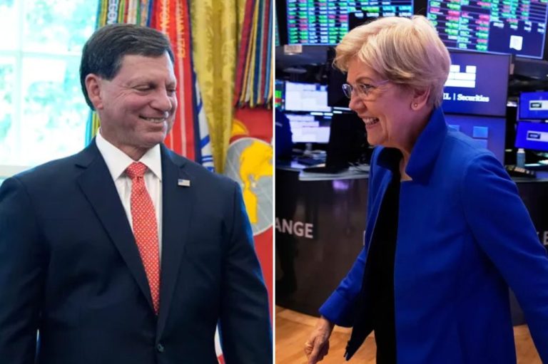 A collage of Social Security Commissioner Frank Bisignano and Sen. Elizabeth Warren (D-MA).