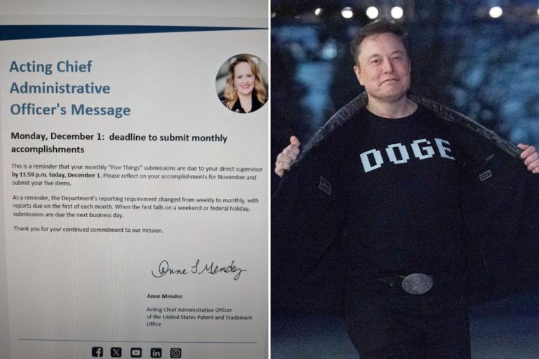 A collage of a screenshot of a USPTO message reminding employees that their monthly “Five Things” accomplishments were due Dec. 1, shared with the Washington Examiner by an agency employee, and Elon Musk wearing a DOGE T-shirt.